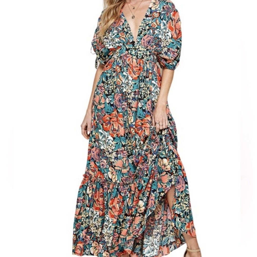 Hudson Gray Multicolor Floral V-Neck Tie Waist Chiffon Midi Dress Size S